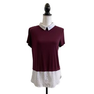 Elle Polka Dot Twofer Knit Tunic Top Burgundy Black & White Ladies Medium